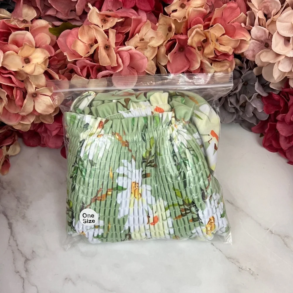 Retro Pale Green Floral Shirred High Waist Drawstring Beach Skirt - Picture 15 of 16
